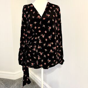 Zara Wrap Top Womens Size Large Long Sleeve Kimono Belt Black Floral